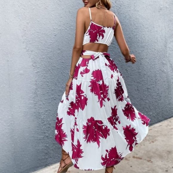 Boho pink white floral tropical print tie back maxi dress - Picture 3 of 7